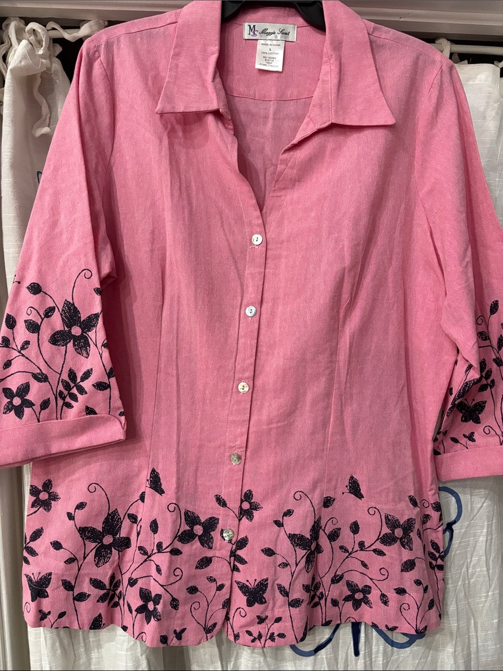 Maggie Sweet Pink Button-Front Shirt with Black Floral Print